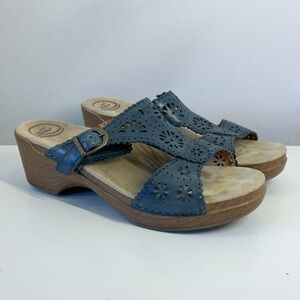 Dansko Blue Boho Floral Laser Cut Out Leather Slip On Sandals Clogs Size 43